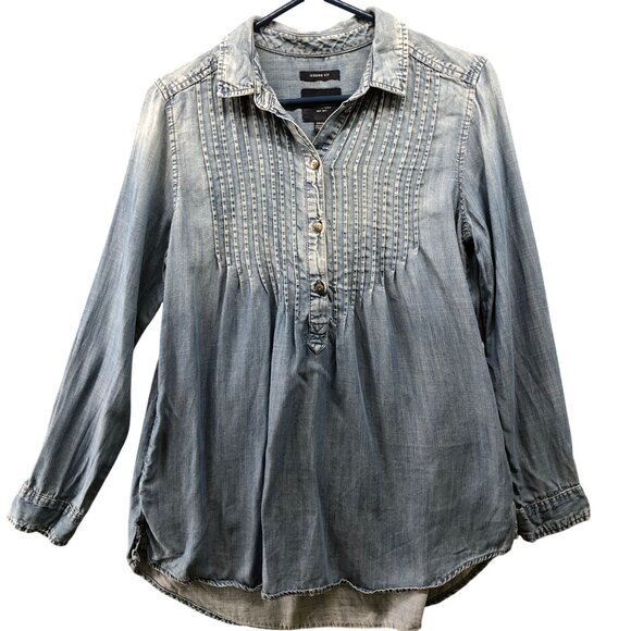 American Eagle Jegging Fit Popover Top Womens S Pintuck Chambray Lyocell - Picture 1 of 9